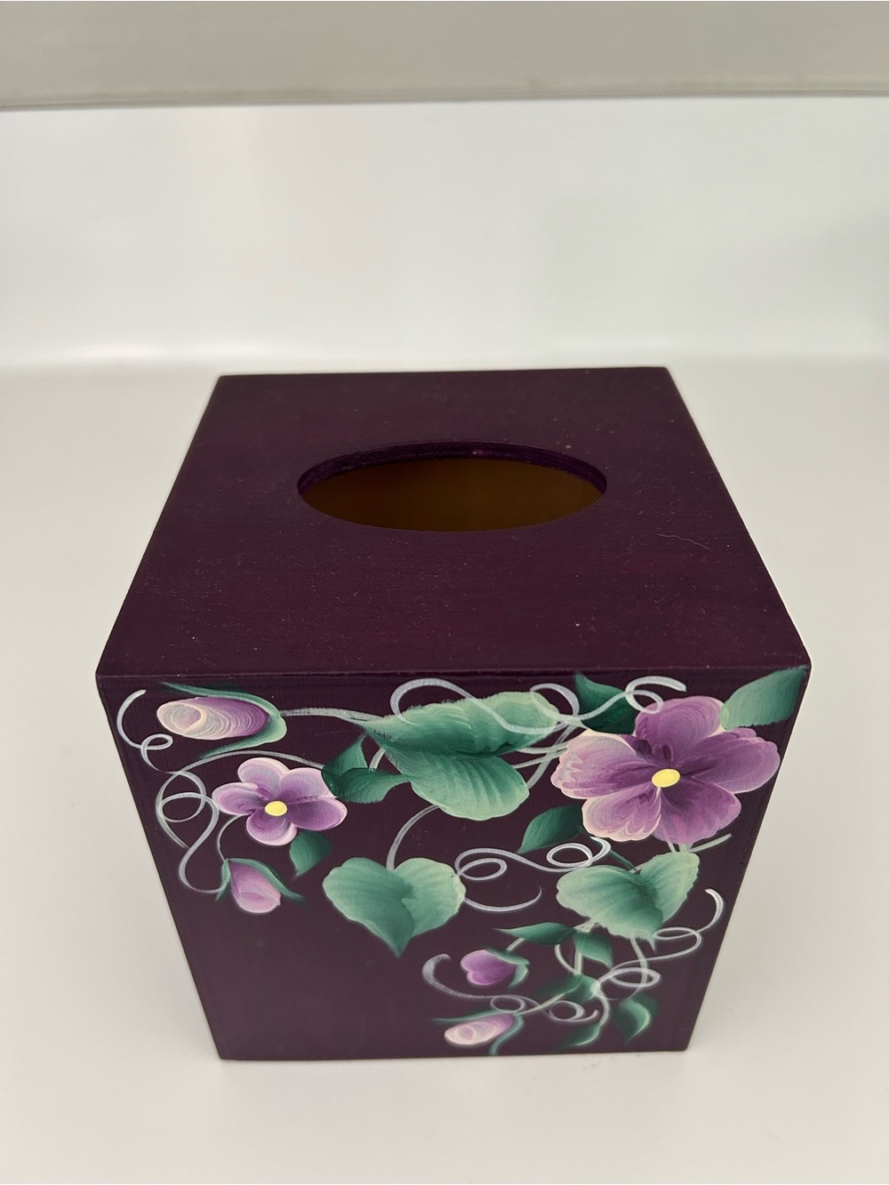 Hand-Painted Purple Floral Wooden Square Tissue Box